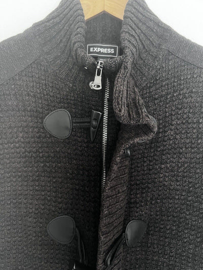 Express Mens Cardigan Sweater Sz M Brown Long Sleeve Cotton Toggle Button & Zip
