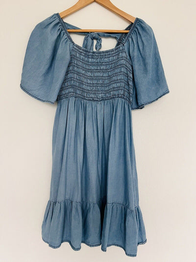 BLU PEPPER Smocked Mini Dress Sz S Tiered Puff Sleeves Tie Back Boho Western