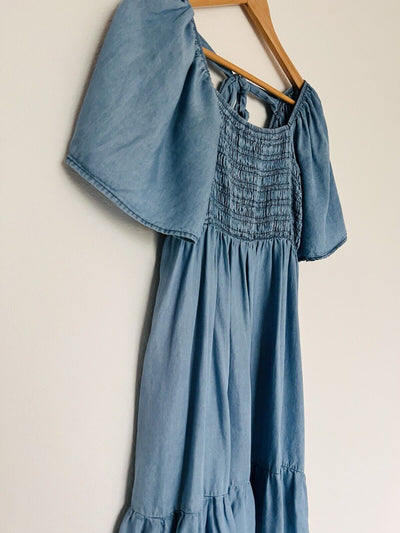 BLU PEPPER Smocked Mini Dress Sz S Tiered Puff Sleeves Tie Back Boho Western