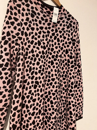 ANN TAYLOR Knit Sweater Dress Sz M Pink Brown Animal Print Long Sleeve Mock Neck