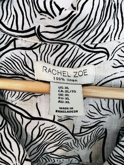 RACHEL ZOE Mushroom Print 100% Linen Botton Shirt Sz L Boxy Relaxed Cropped Boho