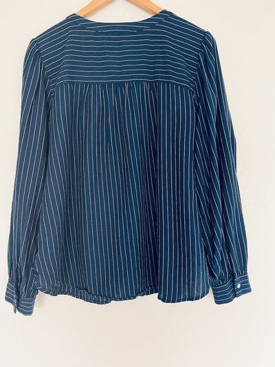 LOFT Button Down Striped Top Sz XL Blue Long Sleeve 100% Cotton Relaxed Fit
