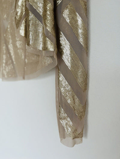 CACHE Gold Sequin Shrug Cardigan Sz 1 Cropped Long Sleeve Festive Holiday