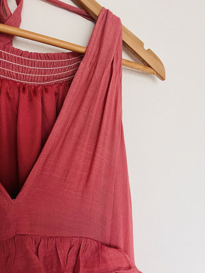 LISTICLE Mauve Color Maxi Dress Sz S Tiered Ruffle Long Flowy Boho Tie Neck
