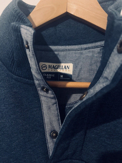 Magellan Mens Campfire Mock Sweater/Jacket Sz M Blue Pullover 1/4 Snap Outdoor