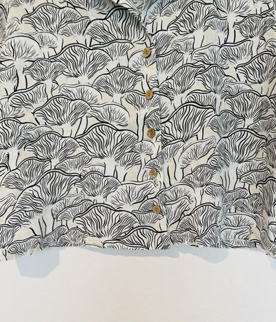 RACHEL ZOE Mushroom Print 100% Linen Botton Shirt Sz L Boxy Relaxed Cropped Boho