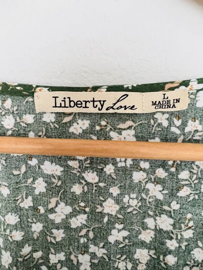 LIBERTY LOVE Green Smocked Dress Sz L Tiered Ditsy Flowers Balloon Sleeves Boho