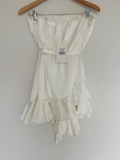 Saints + Secrets NWT White Satin Ruffle Halter Dress Sz L Tie Dance Prom Formal