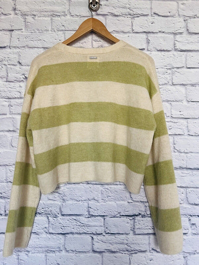 BILLABONG Womens Sweater Crop Sz M Lime/Cream Cozy Soft Cardigan