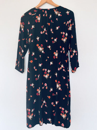 J. JILL Black Floral Tunic Dress Sz S Botton Down 3/4 Balloon Sleeves Pockets