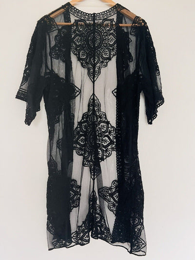 Lace Kimono Layering Cover Up Sz S-M Embroidered Floral Sheer Black Duster Boho