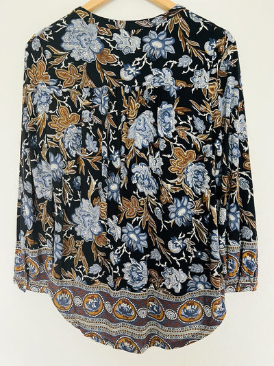 LUCKY BRAND Floral Jersey Knit Blouse Sz PS Hi-Low V-Neck Button Boho Western