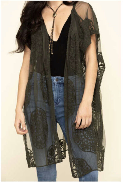 Shyanne Olive Medellin Lace Shawl Overlay Boho Vest Tie Boho Festival Western