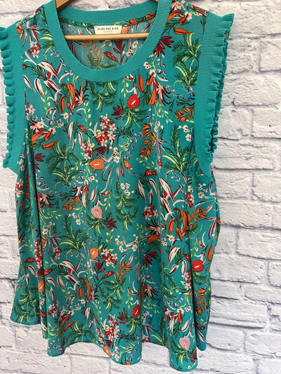 SKIES ARE BLUE Women Sleeveless Top Sz 3X Floral Print Mix Media Ruffle Blouse