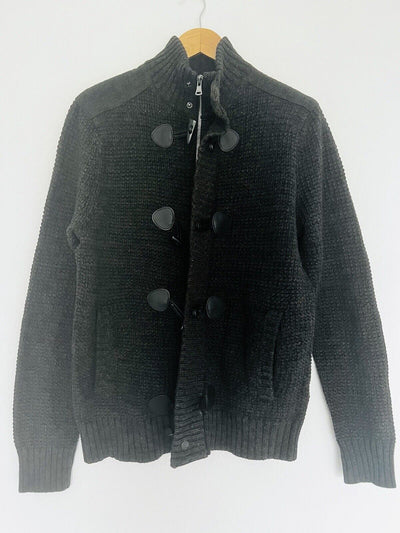 Express Mens Cardigan Sweater Sz M Brown Long Sleeve Cotton Toggle Button & Zip