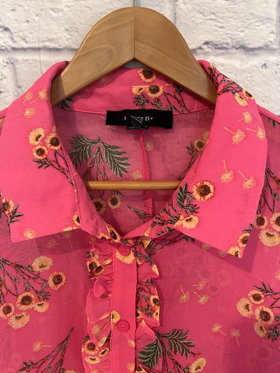 FOREVER 21 Sheer Sz 3X Button Front Blouse Pink Floral Long Sleeve Ruffle Boho