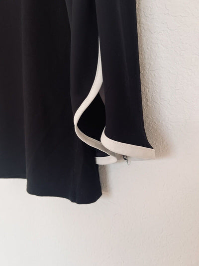 CHICO’S Black 3/4 Sleeve Black Blouse Sz 8-10 White Trim Chiffon Sheer Career