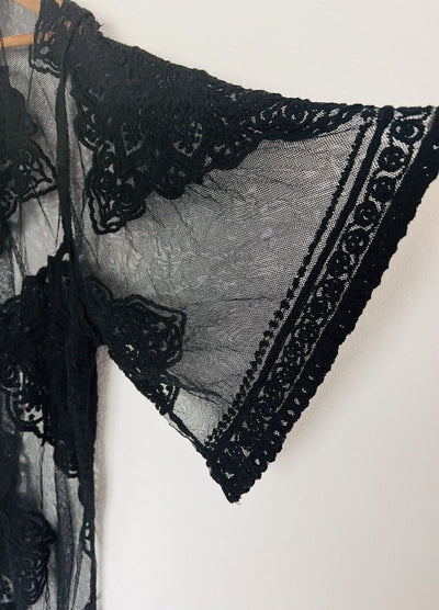 Lace Kimono Layering Cover Up Sz S-M Embroidered Floral Sheer Black Duster Boho