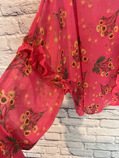 FOREVER 21 Sheer Sz 3X Button Front Blouse Pink Floral Long Sleeve Ruffle Boho