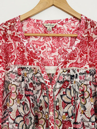 LUCKY BRAND Floral Sheer Blouse Sz XS Long Sleeve Botton Down V-Neck Boho