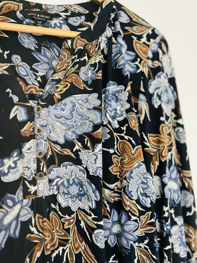 LUCKY BRAND Floral Jersey Knit Blouse Sz PS Hi-Low V-Neck Button Boho Western