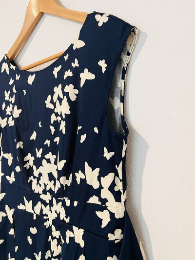MODCLOTH Closet London Midi Dress Sz 10 Fit Flare Navy/Tan Butterfly Print