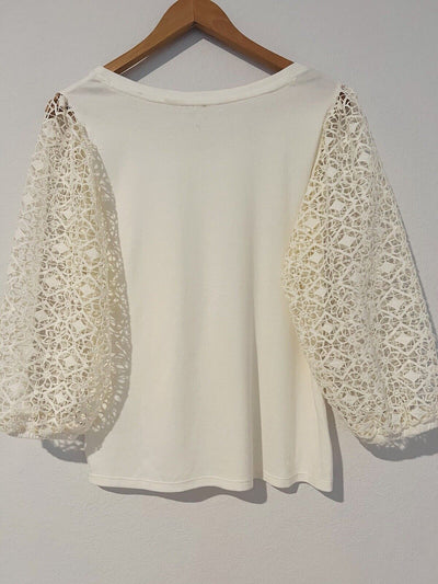 CATO Crochet Detail Sleeve Top Sz M Ivory Mix Media Jersey Knit Boho Blouse