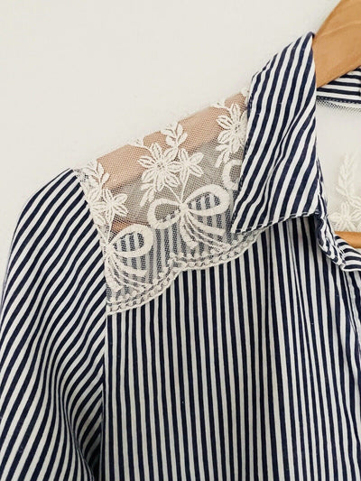 ANTHROPOLOGIE Lilis Closet Blue White Stripe Shirt Sz S Lace Back Tunic Top Boho