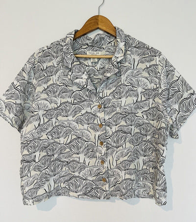 RACHEL ZOE Mushroom Print 100% Linen Botton Shirt Sz L Boxy Relaxed Cropped Boho