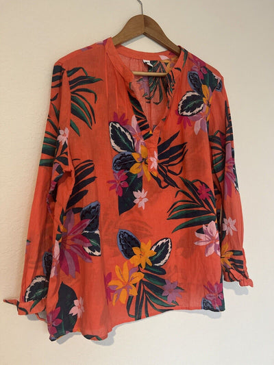 Old Navy Linen Blend Floral Top Sz XL Hawaiian Flower Peasant Resort Travel