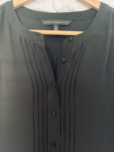 WHBM Sheer Black Botton Down Blouse Sz 6 Pleated Flowy Fit Career Workwear