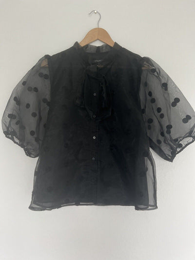 MARC NY Andrew Marc Black Top Sz L Polka Dot Puff Sheer Sleeve Tie Neck Blouse