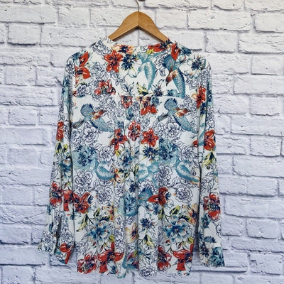 NINE WEST Womens Floral Tunic Blouse Top Sz L Long Sleeve White Flowy Boho