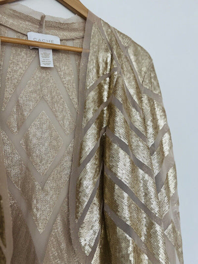CACHE Gold Sequin Shrug Cardigan Sz 1 Cropped Long Sleeve Festive Holiday