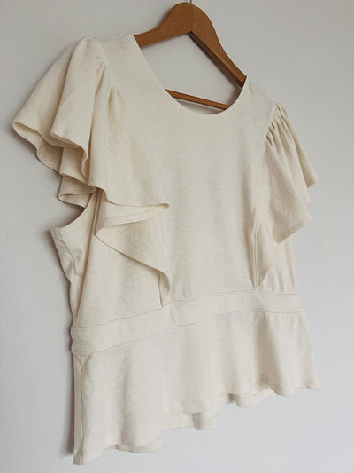 BANANA REPUBLIC Womens Ivory Ruffle Blouse Sz L Crop Short Sleeve Open Back Top