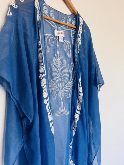 SHYANNE Women Cardigan Open Blue White Embroidered Lightweight Western