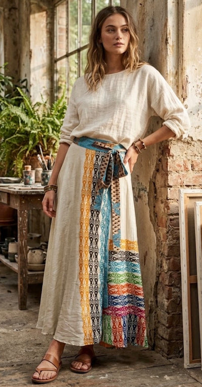 Recycled Silk-Blend Patchwork Wrap Maxi Skirt — Rainbow Fish