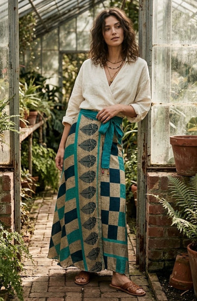 Recycled Silk-Blend Patchwork Wrap Maxi Skirt — Diamond Teal
