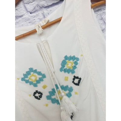 KENZIE White Turquoise Dress Beaded Sz 6 Sleeveless Cotton Lined Boho Western