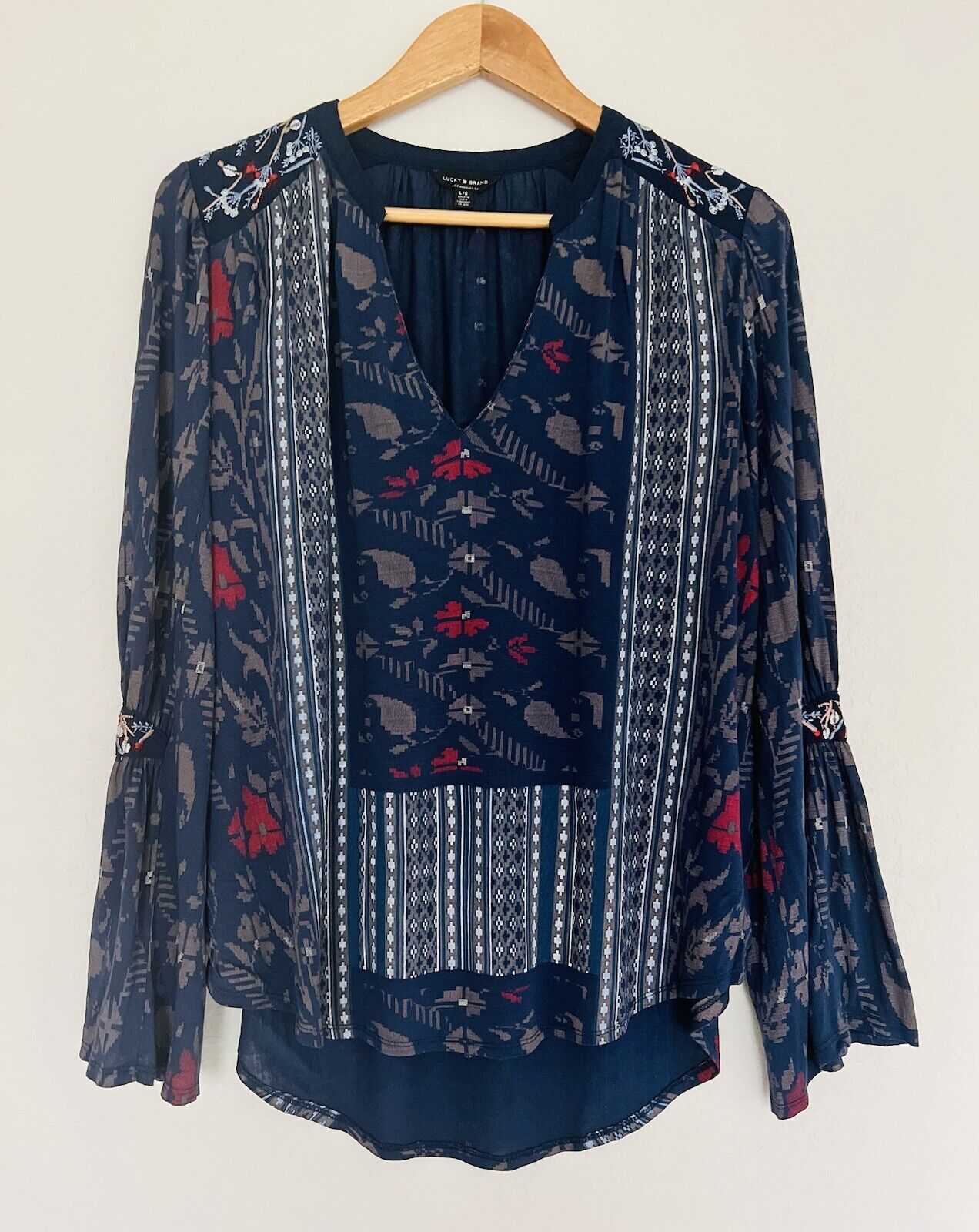LUCKY BRAND Bell Sleeve Blouse Boho Floral Striped Pullover Top Hi-Low Tunic