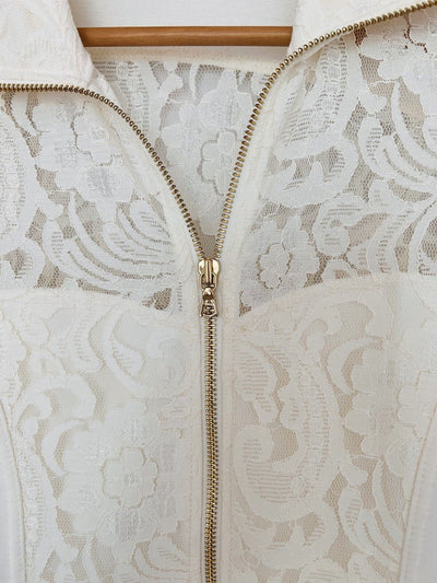 BOSTON PROPER Womens Mix Media Jacket Sz S Lace Jersey Gold Zip Ivory