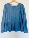 LOFT Chambray Linen Blend Blouse Sz M Button Back Peplum Top Long Sleeve Boho