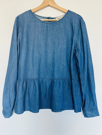 LOFT Chambray Linen Blend Blouse Sz M Button Back Peplum Top Long Sleeve Boho