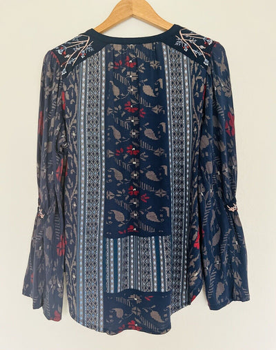 Lucky Brand Women's Large Bell Sleeve Blouse Boho Floral Striped Pullover Top
