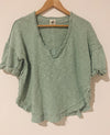 FREE PEOPLE We The Free Slouchy Crop Top Sz S Green Distressed V-Neck Shirt