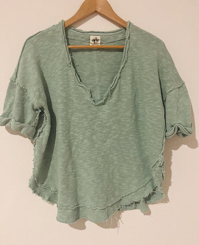 FREE PEOPLE We The Free Slouchy Crop Top Sz S Green Distressed V-Neck Shirt
