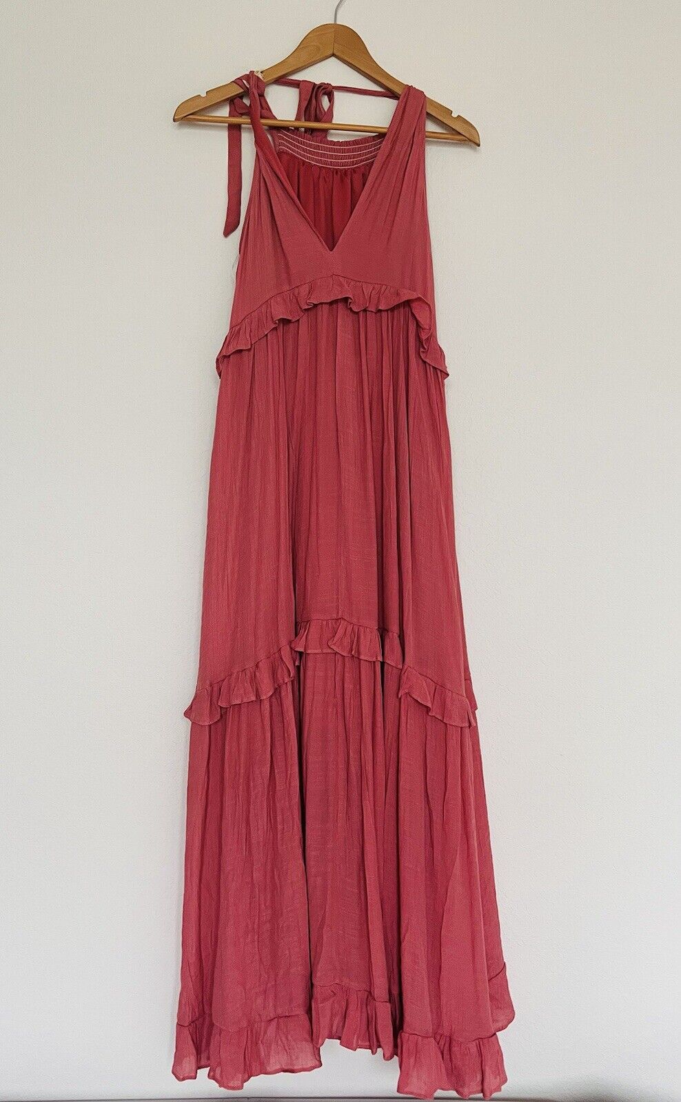 LISTICLE Mauve Color Maxi Dress Sz S Tiered Ruffle Long Flowy Boho Tie Neck