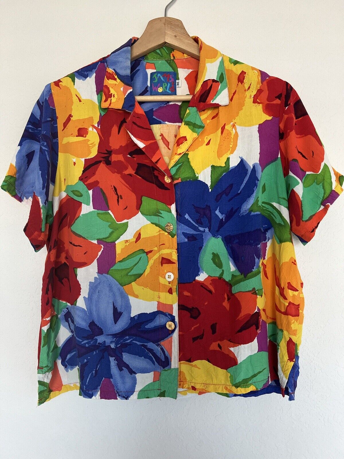 VINTAGE JAMS WORLD Floral Flower Art Print Button Hawaiian Shirt Medium M Rare