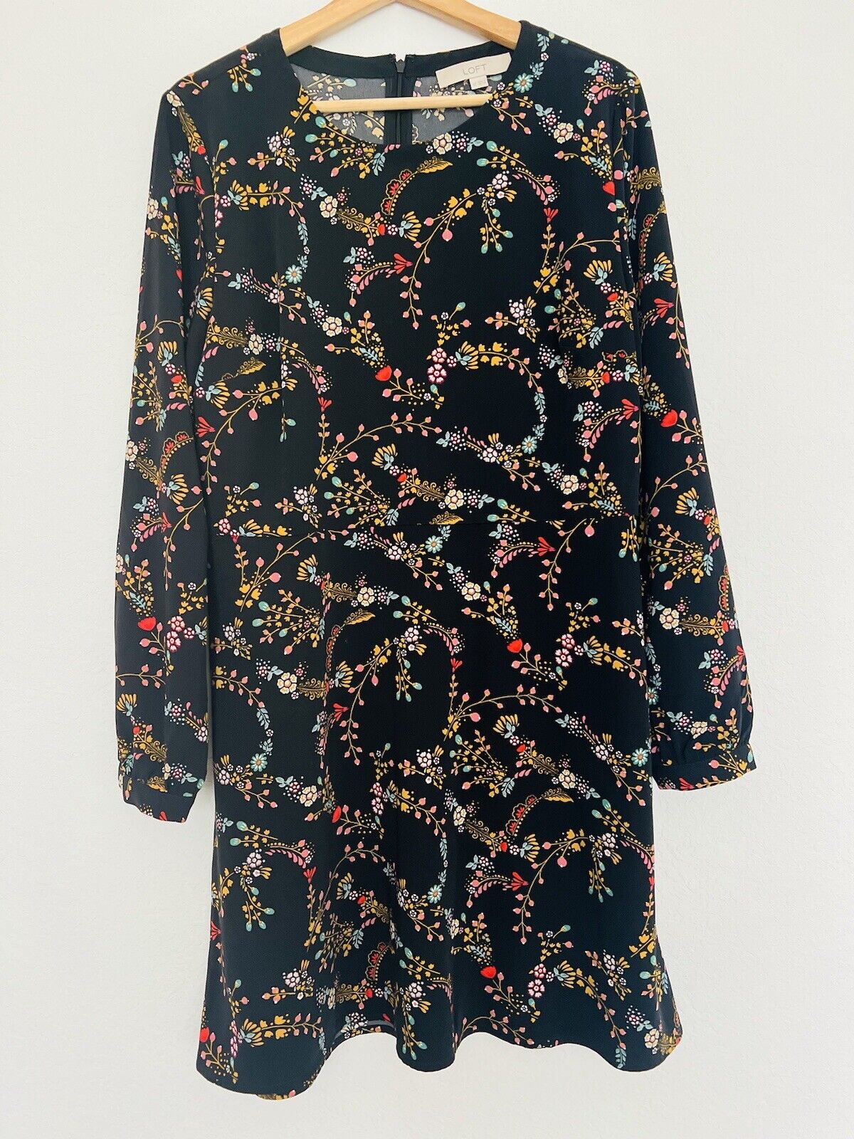 LOFT Floral Long Sleeve MIDI Dress Sz 12 Fit & Flare Zip Closure Boho