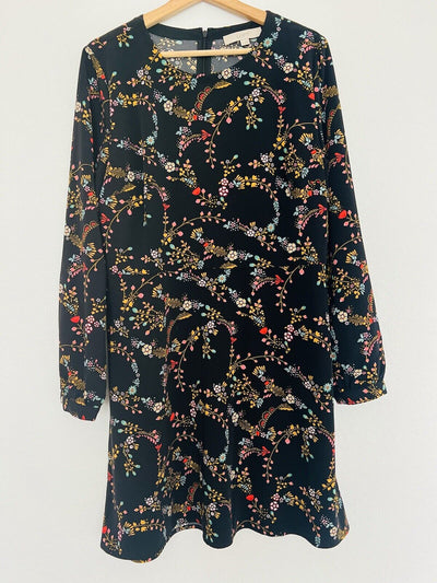LOFT Floral Long Sleeve MIDI Dress Sz 12 Fit & Flare Zip Closure Boho